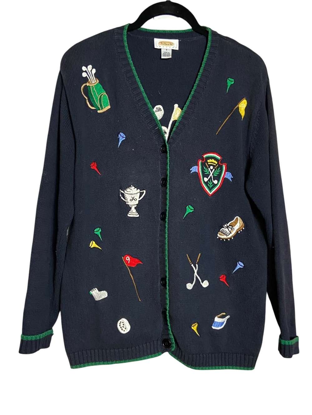 Talbots Petite Vintage Golf Cardigan Embroidered Navy Sz small - Picture 3 of 8